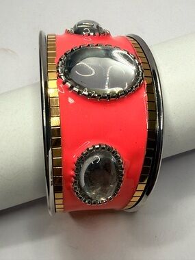 Coral Accent Statement Ring with Clear Cabochon Details